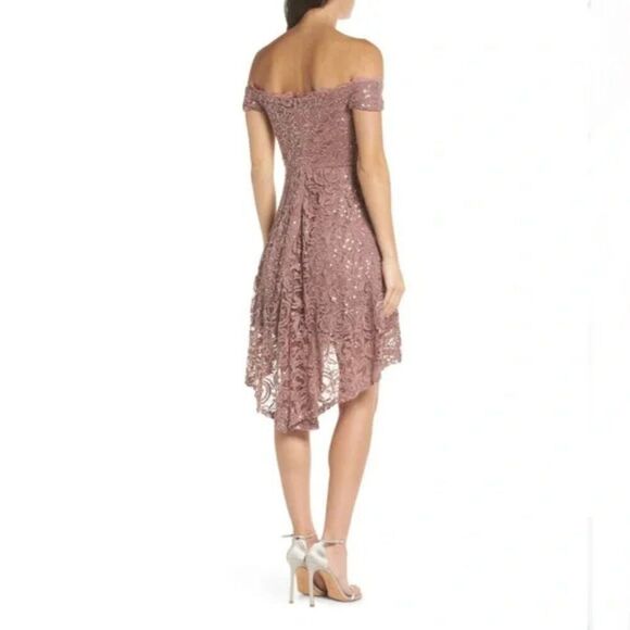 🌹 SEQUIN HEARTS 🌹 Off Shoulder Sequin Lace High Low Dress - [Size 11, Mauve] - Picture 2 of 13